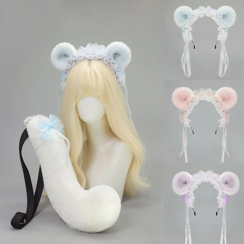 

Lolita Girl Headdress Cute Animal Hamster Round Ear Plush Headband Cosplay Tail Party Cosplay Prop Halloween Performance Props