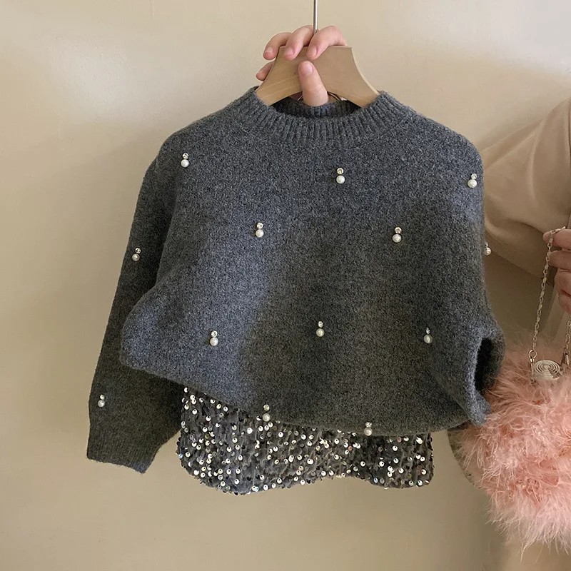 Korean version pearl diamond-knit sweater 2024 autumn  temperament sequin short skirt fashion suit fashion fan children's wear