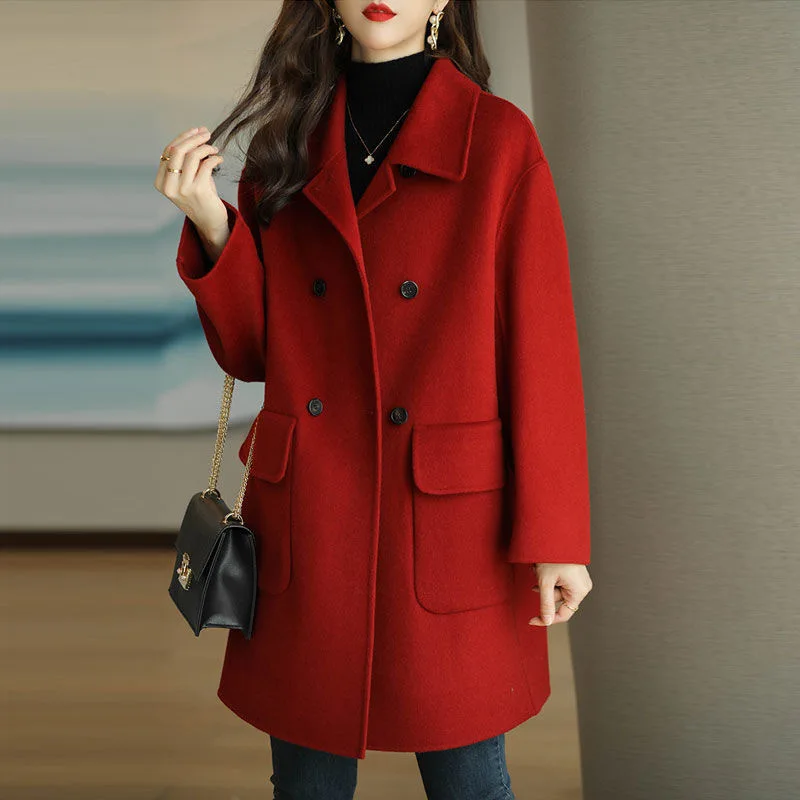 Office Lady Collar Woolen Coat for Women 2024 Autumn Winter Thickened Cotton Tops Korean Version Ladies Slimming Long Outerwear