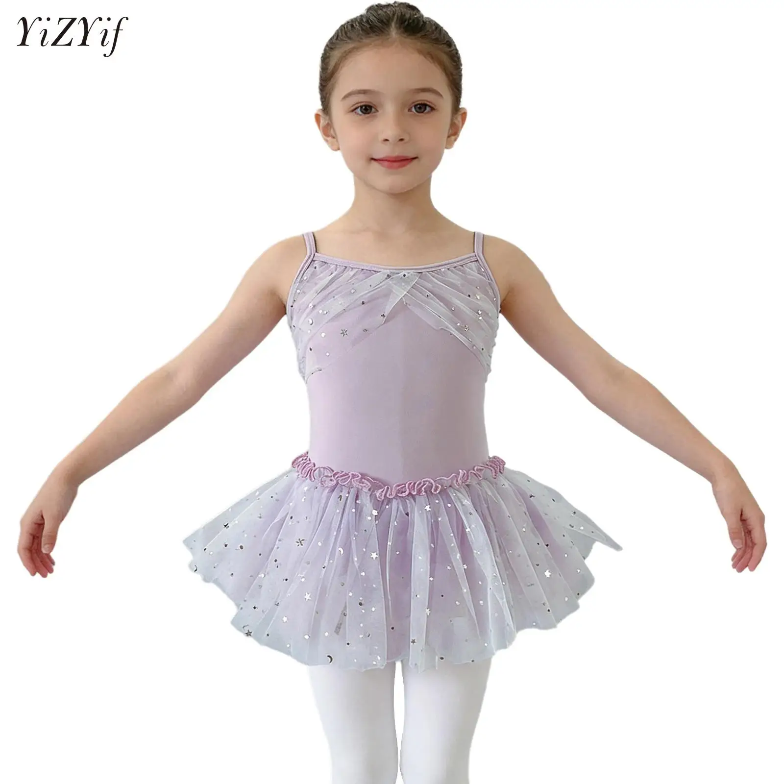 

Kid Girls Ballet Dance Practice Dress Spaghetti-strap Ruched Sequin Tulle Dress with Built-in Briefs for Performance Competition