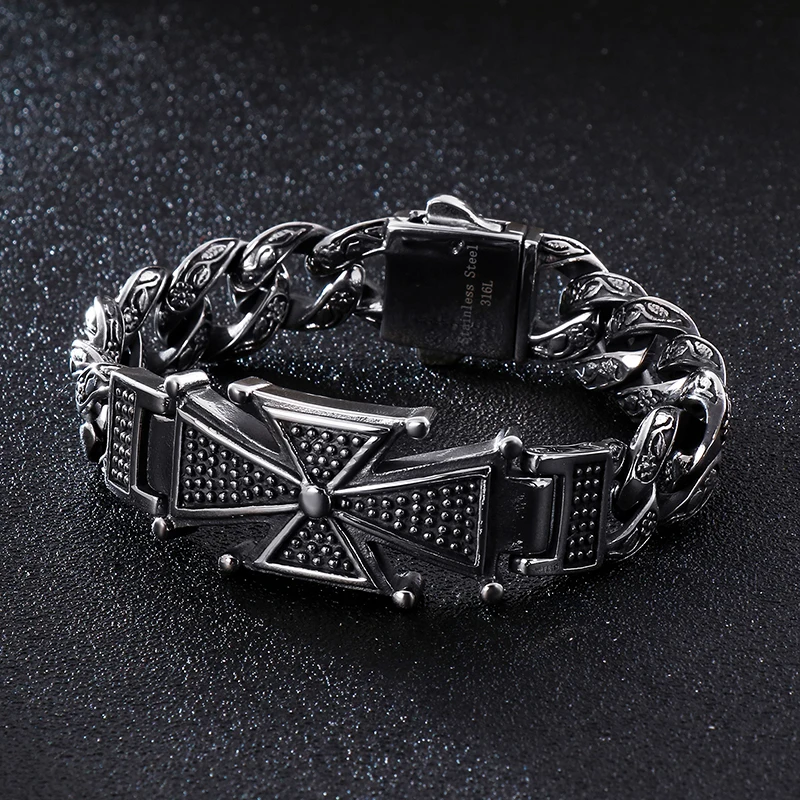 Fongten Gothic Skull Cross Curb Men\'s Bracelet Vintage Black Cuban Chain Stainless Steel Skeleton Male Bracelets Bangle Jewelry