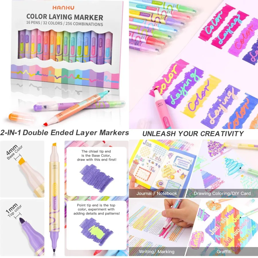 

Color Layering Double Sided Markers 16pcs 32Colors Dual Tip Magic Markers with Broad and Fine Tips for Creative Coloring Color