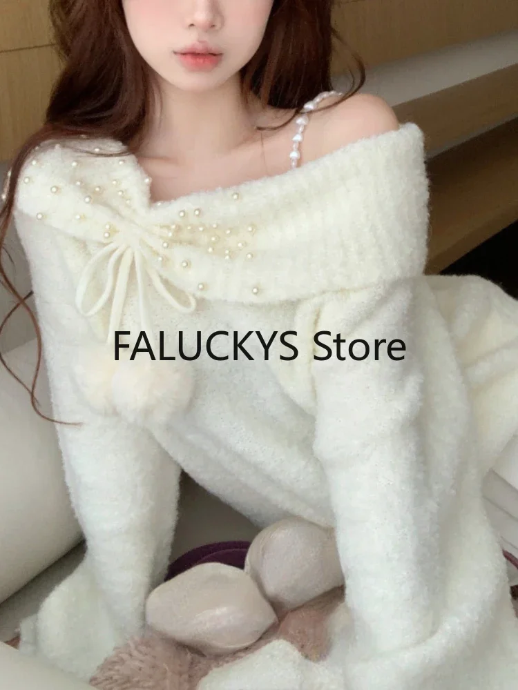 Autumn Winter Korean Women Knitted Sweaters Off Shoulder Pearl Long Sleeves Sweet Pullovers Female Fashion Lazy Style Knitwear