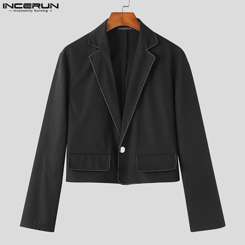 INCERUN 2023 Men\'s Blazer Patchwork Long Sleeve Lapel One Button Streetwear Crop Coats Autumn Fashion Male Casual Suits S-5XL