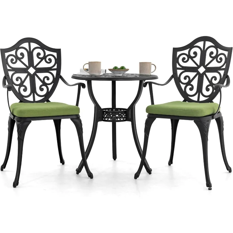 Bistro Set 3 Piece Outdoor, Cast Aluminum Patio Sets with Umbrella Hole and Green Cushions, Bistro Table and Chairs Set of 2