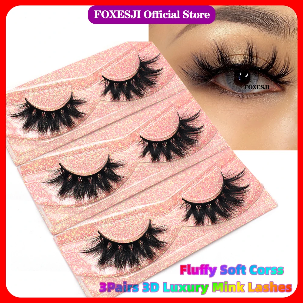 FOXESJI 3Pairs 3D Mink Lashes Fluffy Wispy Soft Corss Mink Fake Eyelashes Reusable Lash Extension Thick False Eyelashes Makeup