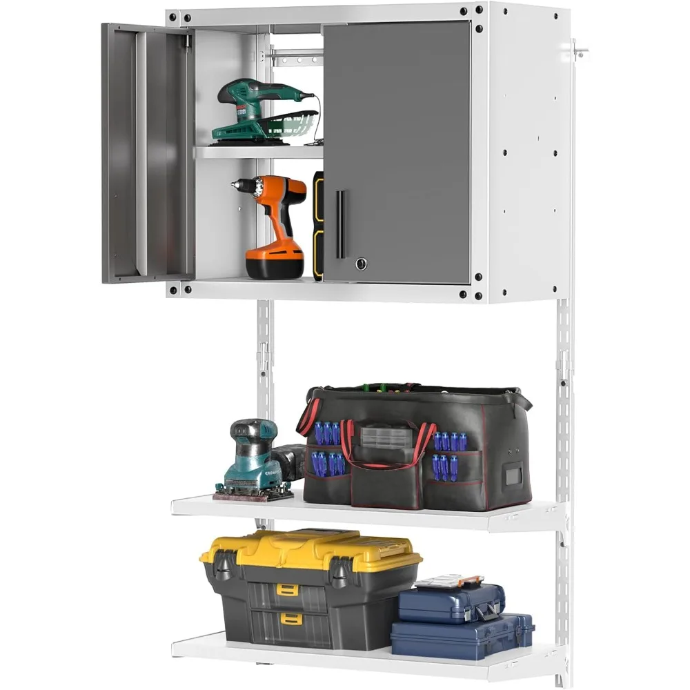 

Garage Wall Cabinet, Metal Wall Mounted Tool Storage Chest with 3 Adjustable Shelves, Lockable Doors, Keys, Hanging Tool