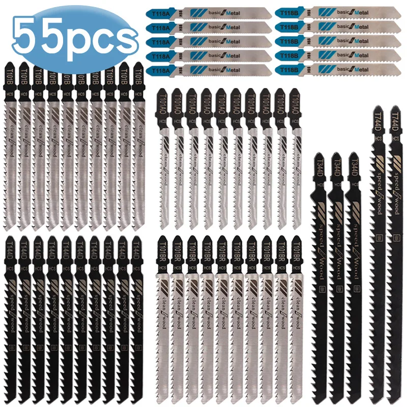 55 Pcs Scroll Saw Blade Set - Fine and Medium Tooth Blades for Metal and Wood Cutting - Aluminum & Woodworking Blade Combo