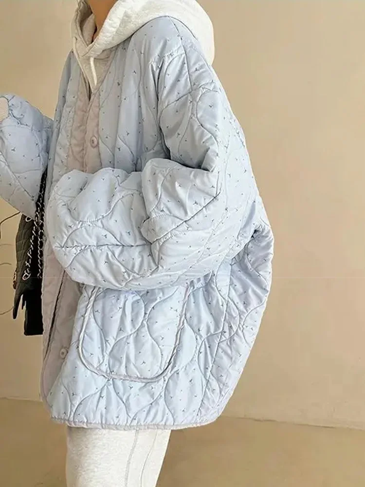 QWEEK Korean Fashion Padded Jacket Women Y2K Fairycore Winter Blue Parkas Oversize Floral Print Sweet Gentle Button Up Outerwear