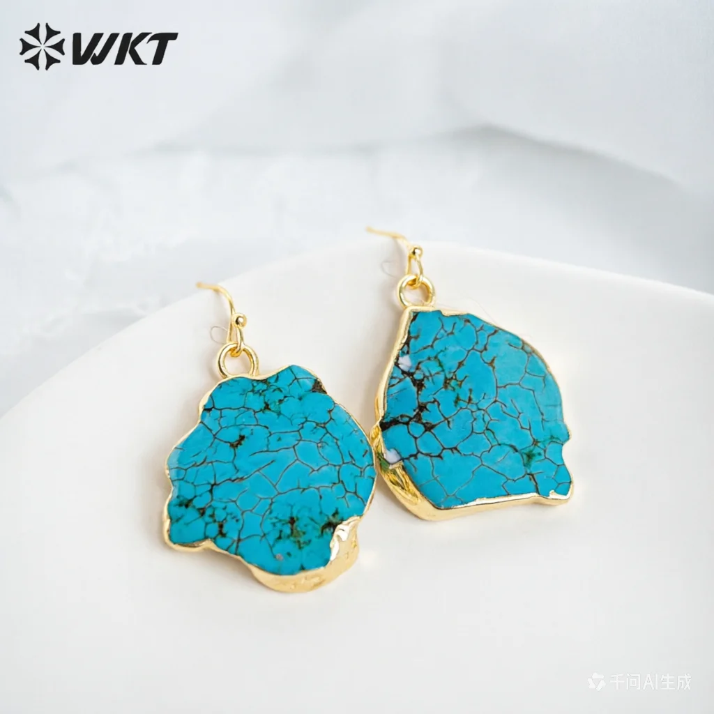 WT-E054 WKT Wholesale natural howlite stone dangle earrings with gold color beautiful random shape green stone earrings
