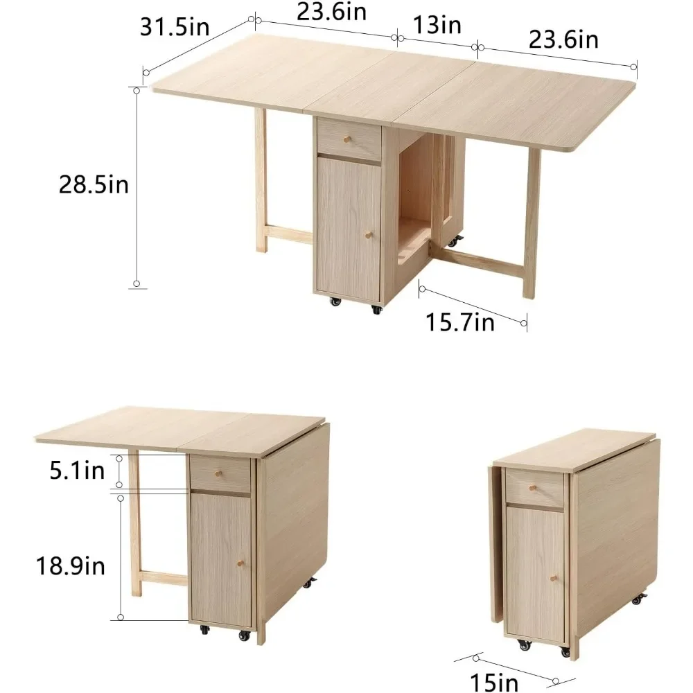 طاولة طعام قابلة للطي على شكل ورقة قطرة قابلة للتمديد ، طاولة طعام مع درجين و 4 عجلات ، غرفة معيشة ، مطبخ ، منزل ريفي ، لون خشبي