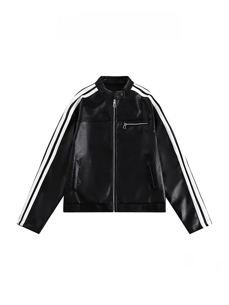 เสื้อโค้ทหนัง PU ทรงสูง คอตั้ง ลายทาง สไตล์อเมริกัน ดีไซน์หรูหรา รุ่นใหม่ ฤดูใบไม้ผลิ 2025 สำหรับผู้หญิง