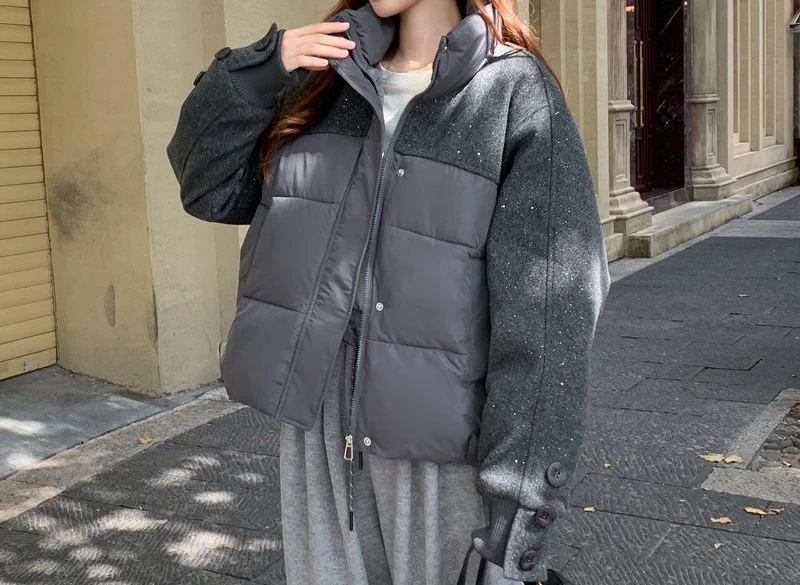 Cotton Padded Jacket 2025 New Sequin Splicing Stand Up Collar Short Winter Warm Jacket
