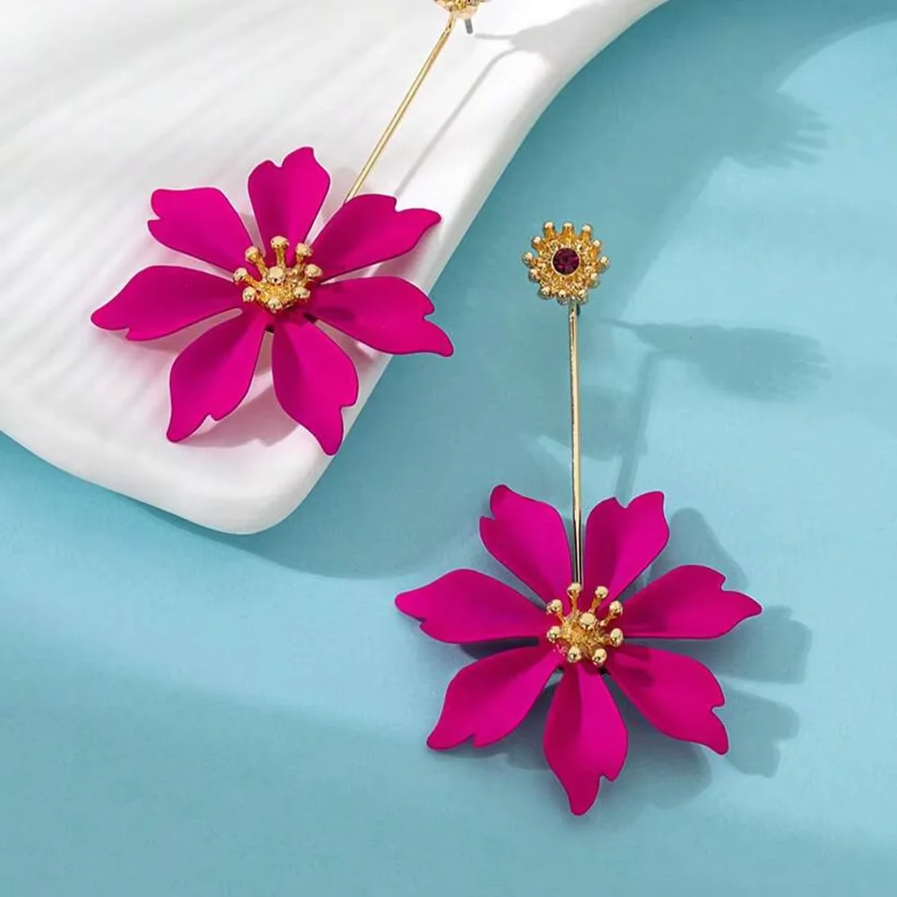 Bohemian Colorful Flower Drop Earrings for Women Gold Tone Zircon Long Dangle Earrings Fashion Party Wedding Jewelry