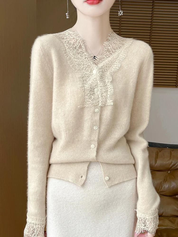 

New Chic Women's 100% Merino Wool Basic Lace Color Cardigan Sweater Thin Soft Grace Knitwear Female Spring Autumn Clothes Tops