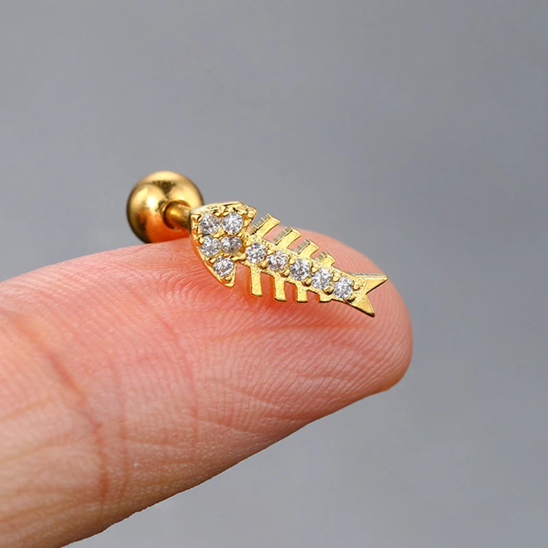 Sung Piercing Earrings For Women 1pc Cool Personal Fish Skeleton Zircon Screw Ear Studs Gold Color Cartilage Jewelry New CC074