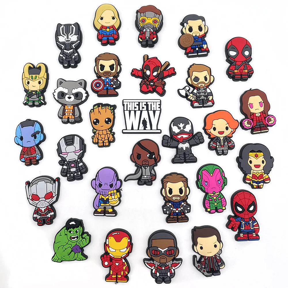 Gorące zabawki Disney jibz 30 sztuk Marvel Superhero buty z PVC Charms Cartoon sandały akcesoria drewniaki dekoracje chłopiec prezenty dla dzieci