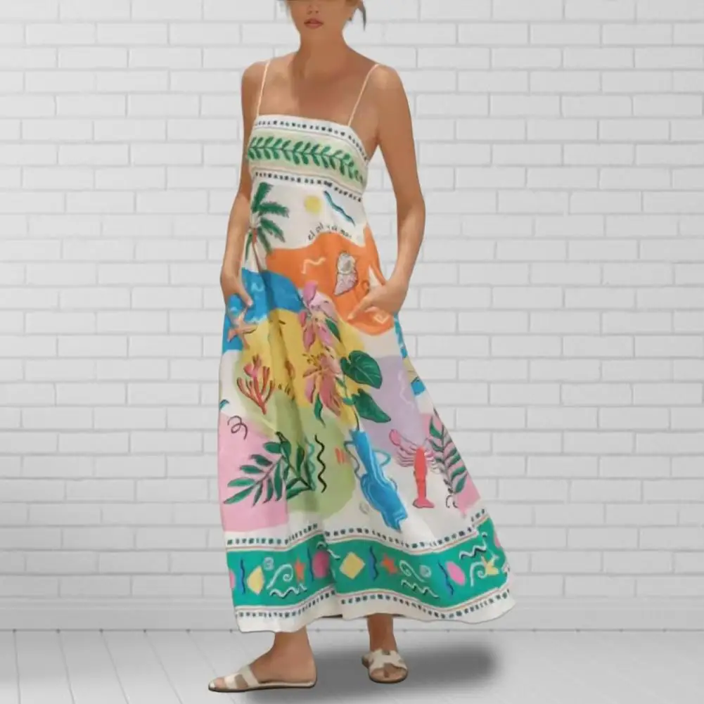 

Summer Printed Dress Women Sundress Cartoon Print Spaghetti Strap Maxi Dress with Side Pockets for Summer Beach Vacation A-line
