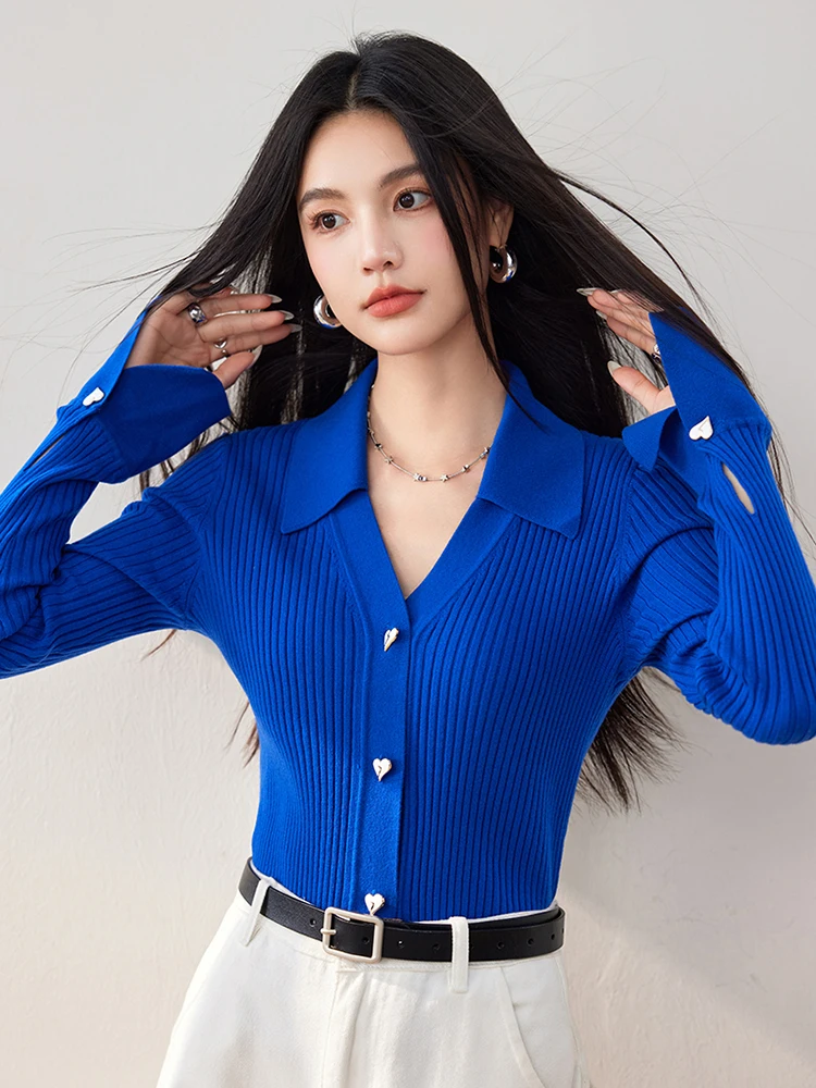 Fashionable Retro Women Sweater 2024 Autumn New Solid Color Casual Love Button Slim Knitted Cardigan Female Long-Sleeved Tops