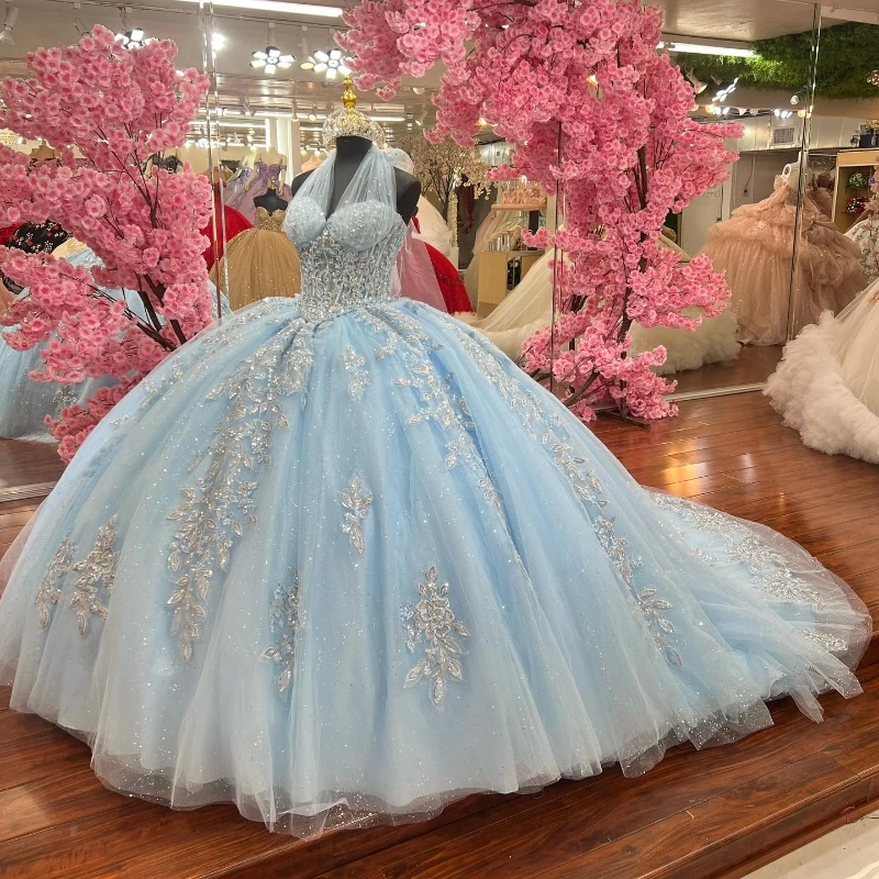 Luxury Sky Blue Quinceanera Dresses Ball Gown Off the Shoulder Applique Lace Beads Tull Sweet 16 Dress Party Birthday Gown Vesti