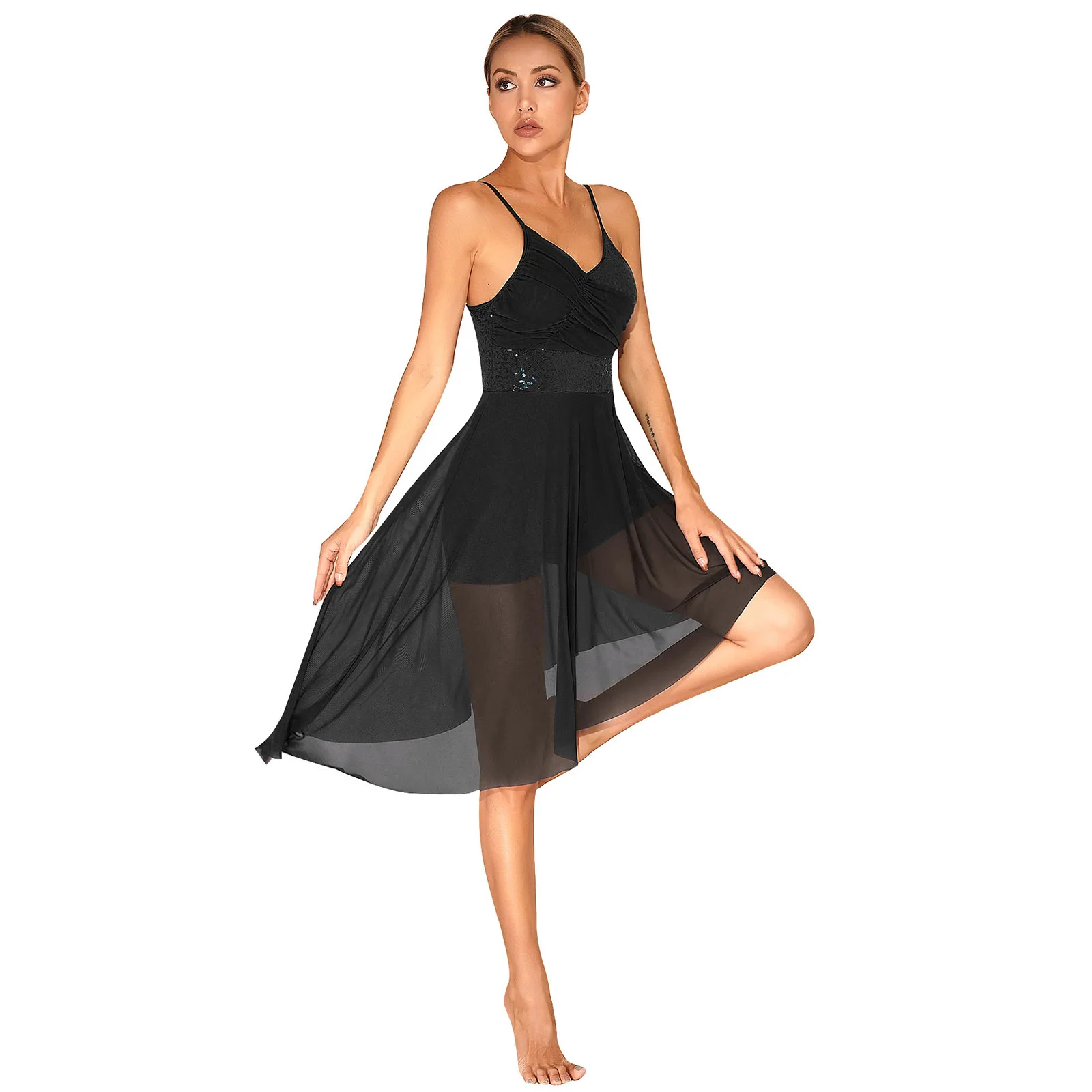 Lyrisches Tanzkleid für Damen mit Pailletten, Chiffon, durchsichtiges Netz, ärmellos, asymmetrischer Saum, Ballett-Gymnastik-Trikot, Eislaufen-Kostüm