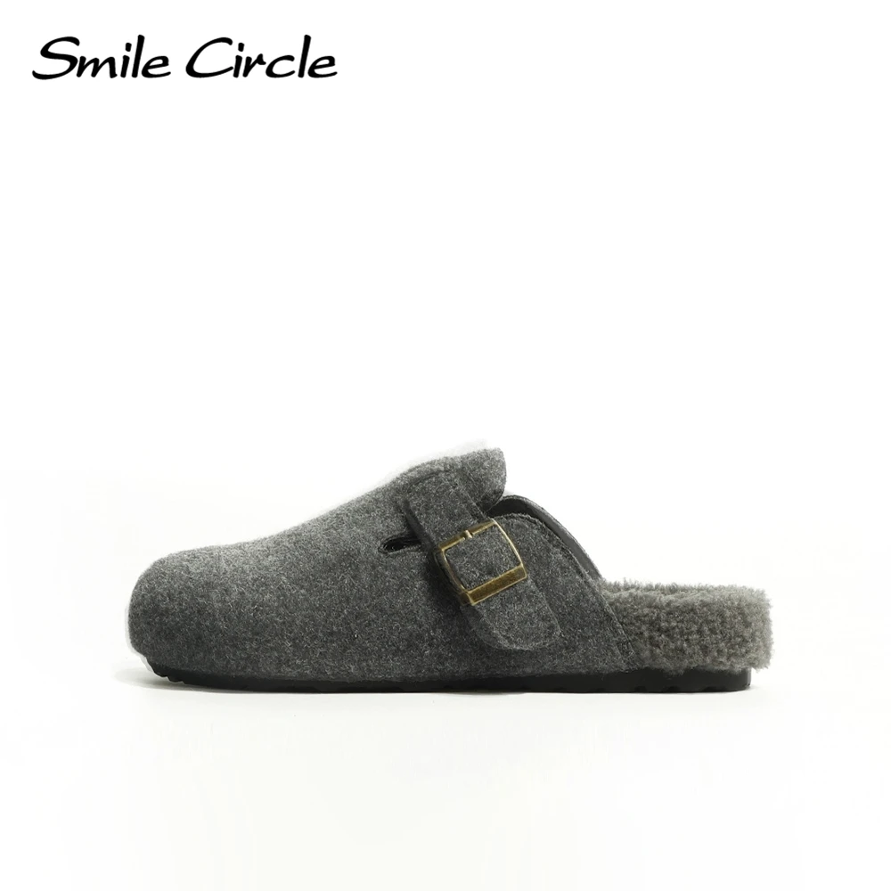 Smile Circle Women Slippers Winter Warm Plush Round Toe outerwear Fashion Casual Flat Felt Slippers