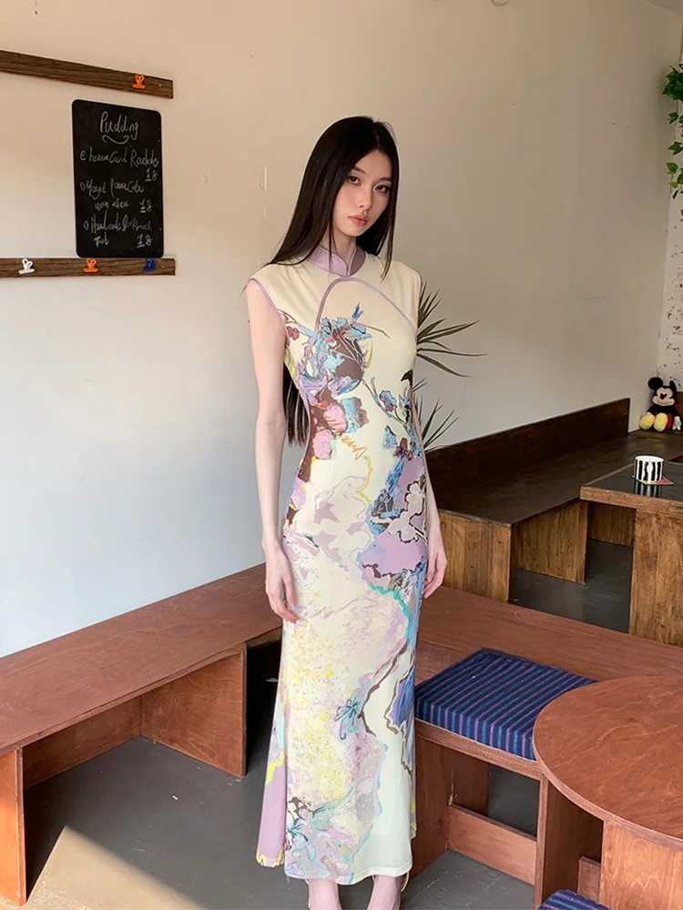 

Новое китайское платье-ципао с фиолетово-желтым цветочным принтом, женский сетчатый жилет с запахом и длинной юбкой-рыбьим хвостом