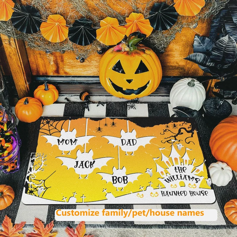 

Mat Halloween Bat Family Doormat Personalized Custom Haunted House Welcome Mat with Names Great for Front Porch Halloween Decor