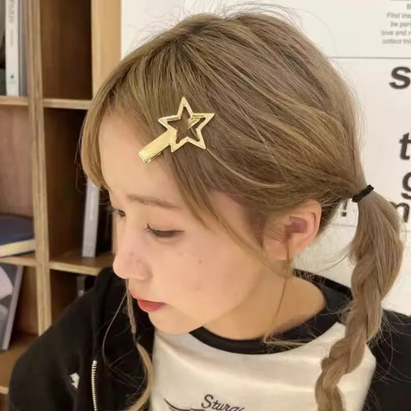 Simple Metal Cool Golden Silver Hollow Star Hair Clip Y2K Millennium Punk Pentagram Heavy Metal Technology Glossiness Hairpin