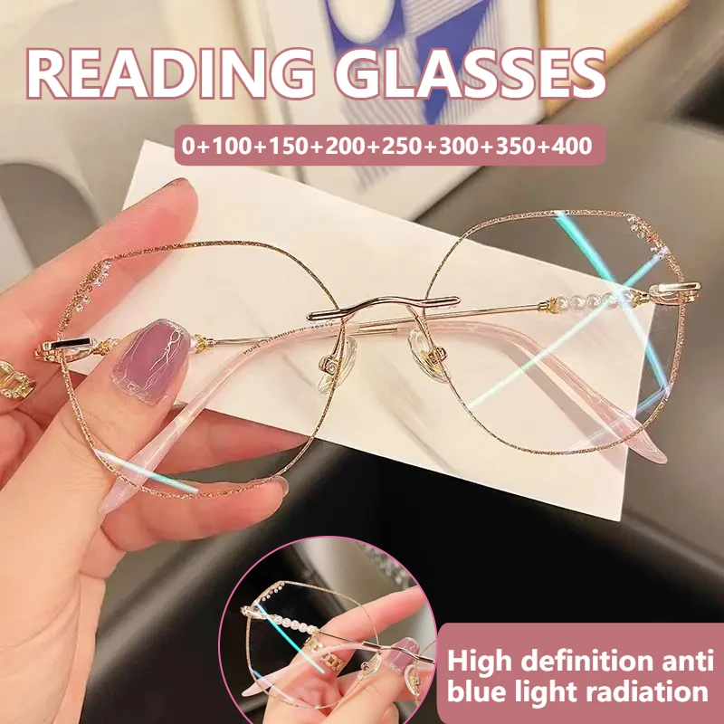 Diamantbesetzte, ultraleichte, rahmenlose Lesebrille, modisch und hochauflösend, Anti-Blaulicht und Anti-Strahlung