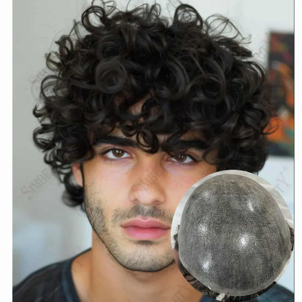 28 مللي متر خط الشعر الطبيعي المجعد دائم رقيقة الجلد كامل بولي Men الرجال الشعر المستعار أسود رمادي 1B65 1B20 نظام باروكة من شعر طبيعي الذكور الشعرية Prost #1