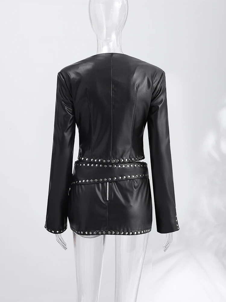 Y2k Leather Skirt Set Women Rivets V-neck Long Sleeve O-neck Cropped Coat Belt Slim Skirts 2026 Spring Summer 2 Pieces Outfits