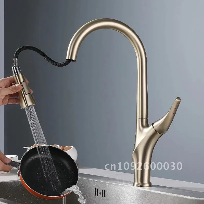 Brushed Gold Pull Out Kitchen Faucet Rotatable Cold Hot Taps Mounted Mixer Faucets Kitchen Handle Water Sink Single Deck