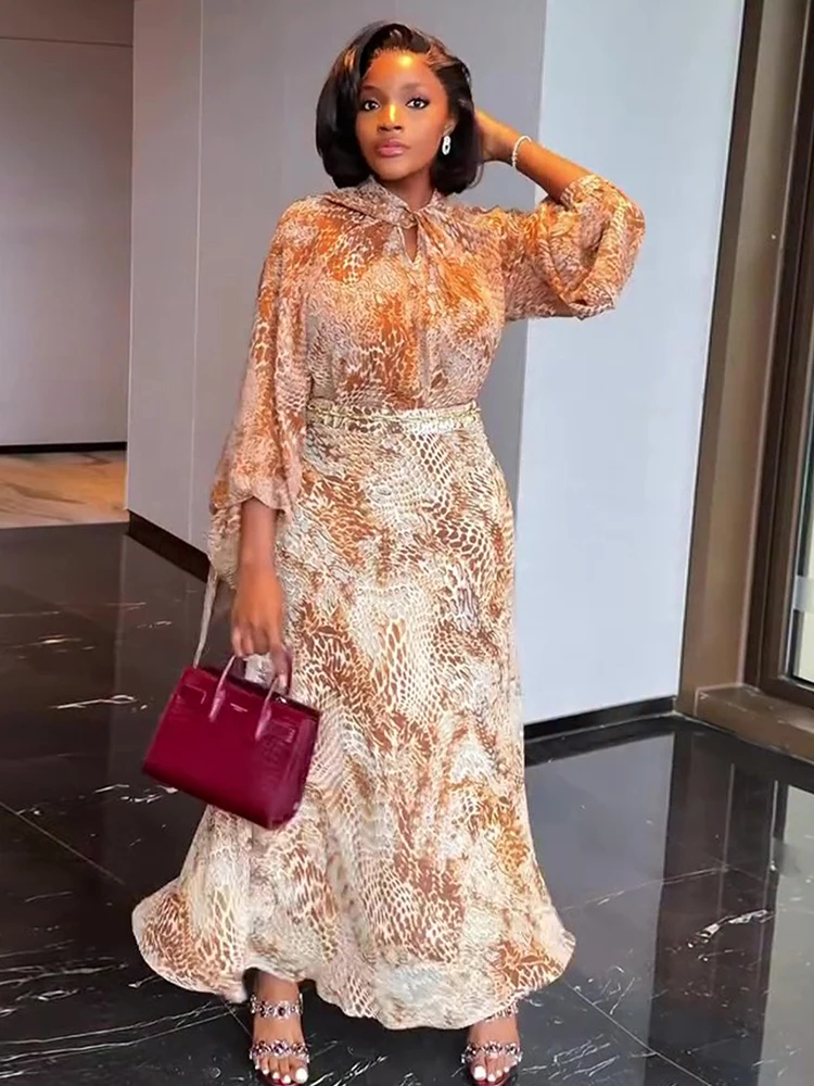 Woman Clothing 2 Piece Set Spring Summer Snake Print Elegant Long Skirt and Blouse Stand Collar Elegant  A-line Long Skirt Set