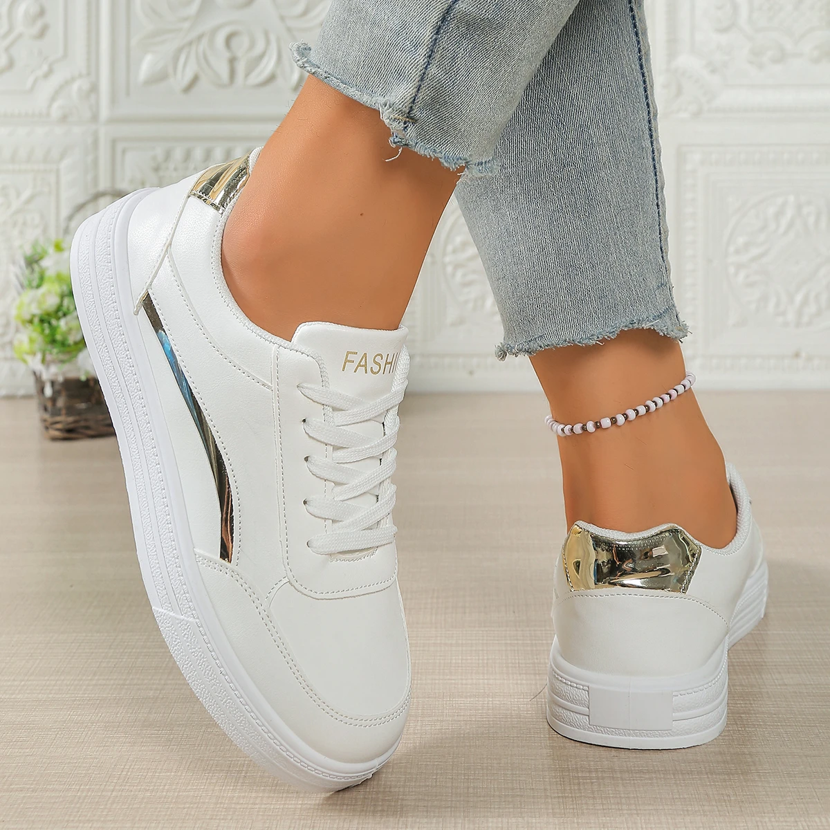 أحذية النساء أحذية خفيفة الوزن كاجوال موضة أحذية المشي الأبيض الدانتيل متابعة أحذية رياضية حجم كبير منصة حذاء مبركن حجم 35-41 #5