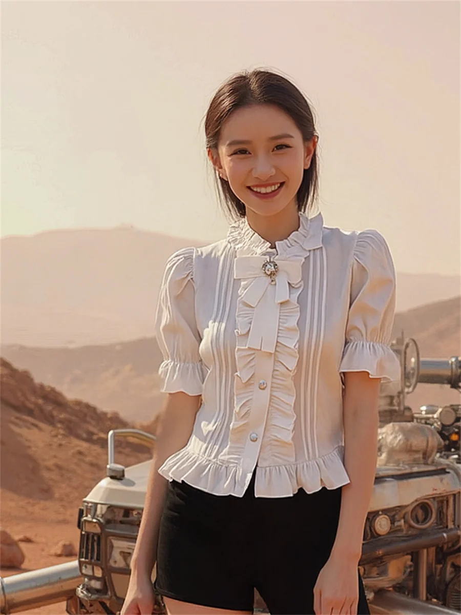 

Women Clothes White Shirts Bow Fancy Poplin Cotton Loose Line Trend Spring Lady Beach Summer Holiday Sleeveless Casual Sweet