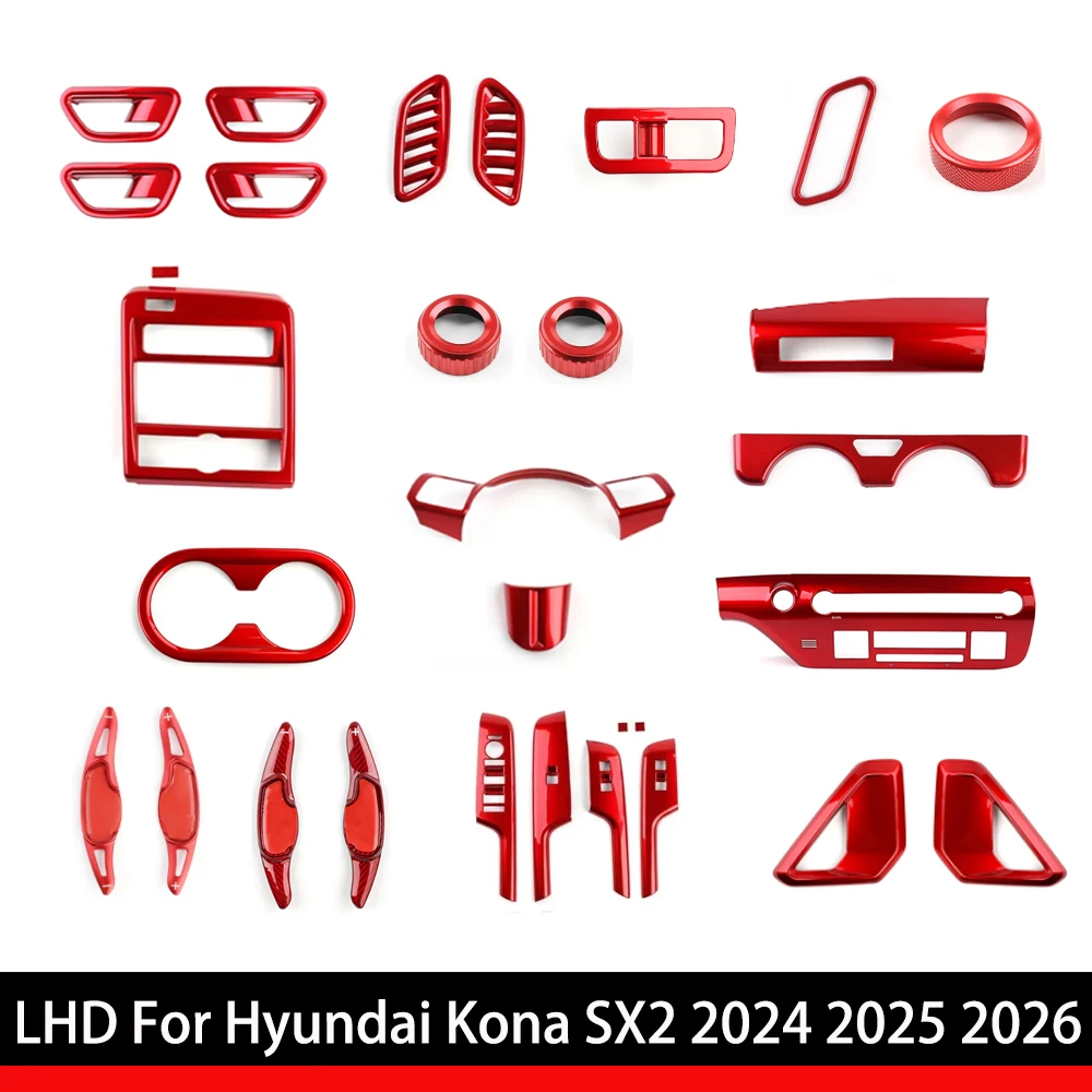 Für Hyundai Kona SX2 2024 2025 2026 Rote Fensterknopf-Abdeckung Türgriff-Verkleidung Vordere Reihe Getränkehalter Lenkrad-Zierleiste Zubehör LHD