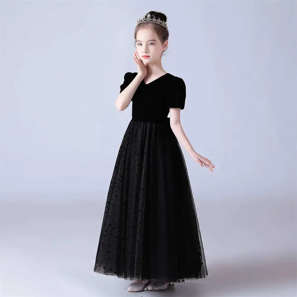 Muslimah Polka dot Tulle abiti da damigella d'onore 2023 maniche a sbuffo Flower Girl per matrimonio O collo bambini prima comunione per adolescenti