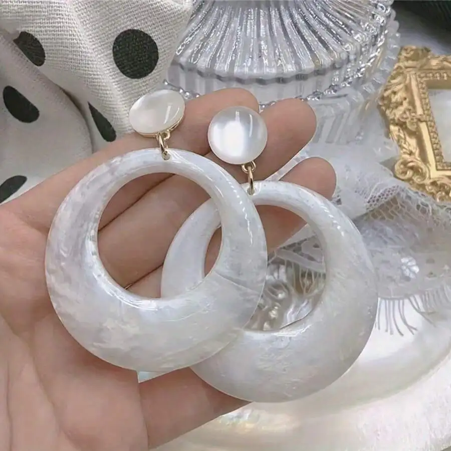 

White Circle Hoop Earrings With Pearl Studs Exaggerated Fashion Drop Earrings For Women