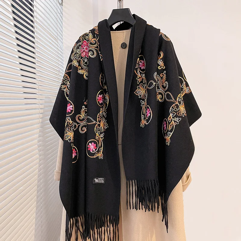 2024 Fashion Luxury Embroidery Scarf Elegant Women Winter Thick Warm Neck Pashmina Long Fringe Scarves Lady Blanket Soft Shawl