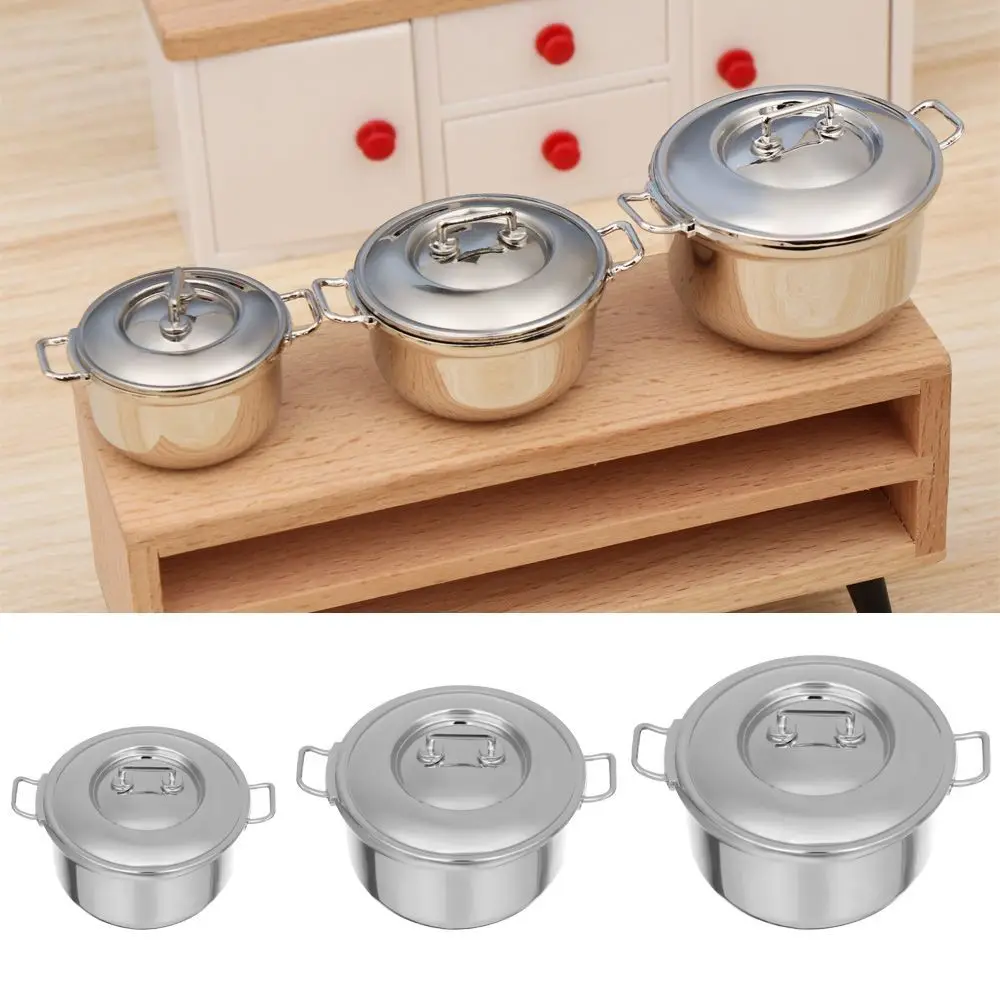 3 Sizes  Kitchenware Simulation Model Miniature Soup Pot With Cover Mini Cookware Dollhouse Accessories