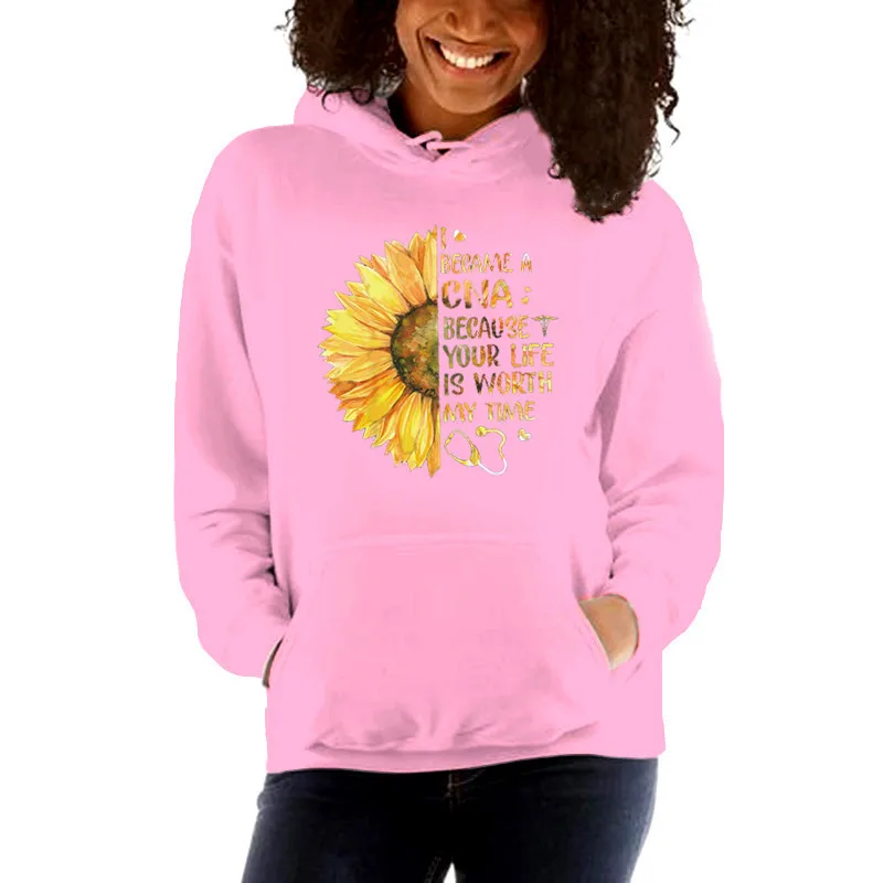 Langärmliger, winddichter Kapuzenpullover mit Sonnenblumenmuster-Aufdruck für Damen, lässiges und warmes Kapuzenpullover, Streetwear für Damen