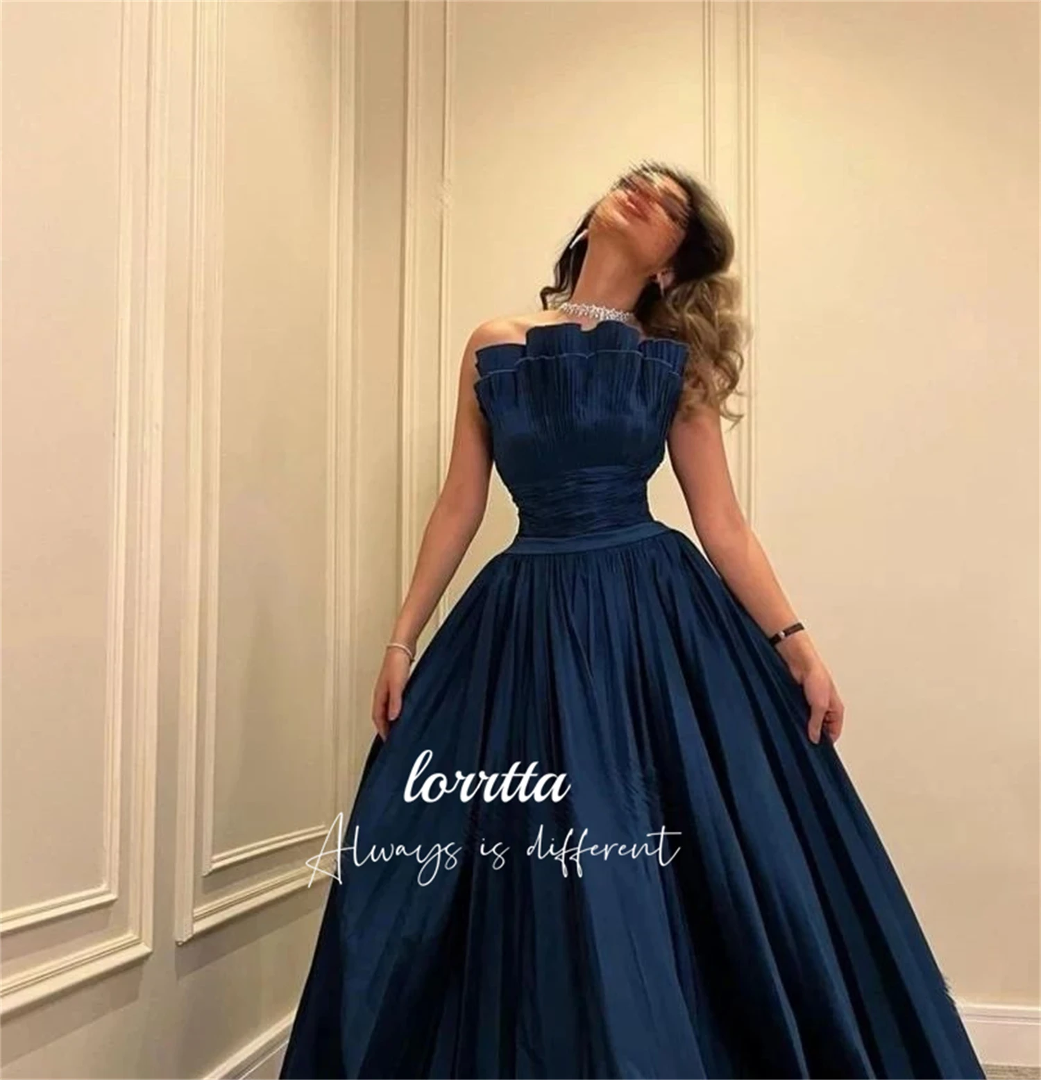 Folds Evening Dress Dark Blue Line A Party Strapless Robe De Soiree Femmes Prom Dresses Customized Elegant Woman Wedding Saudi