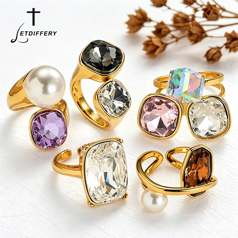 Letdiffery Trendy Colorful Cubic Zirconia Rings for Women Stainless Steel Geometric Adjustable Open Rings Luxury Jewelry Gifts