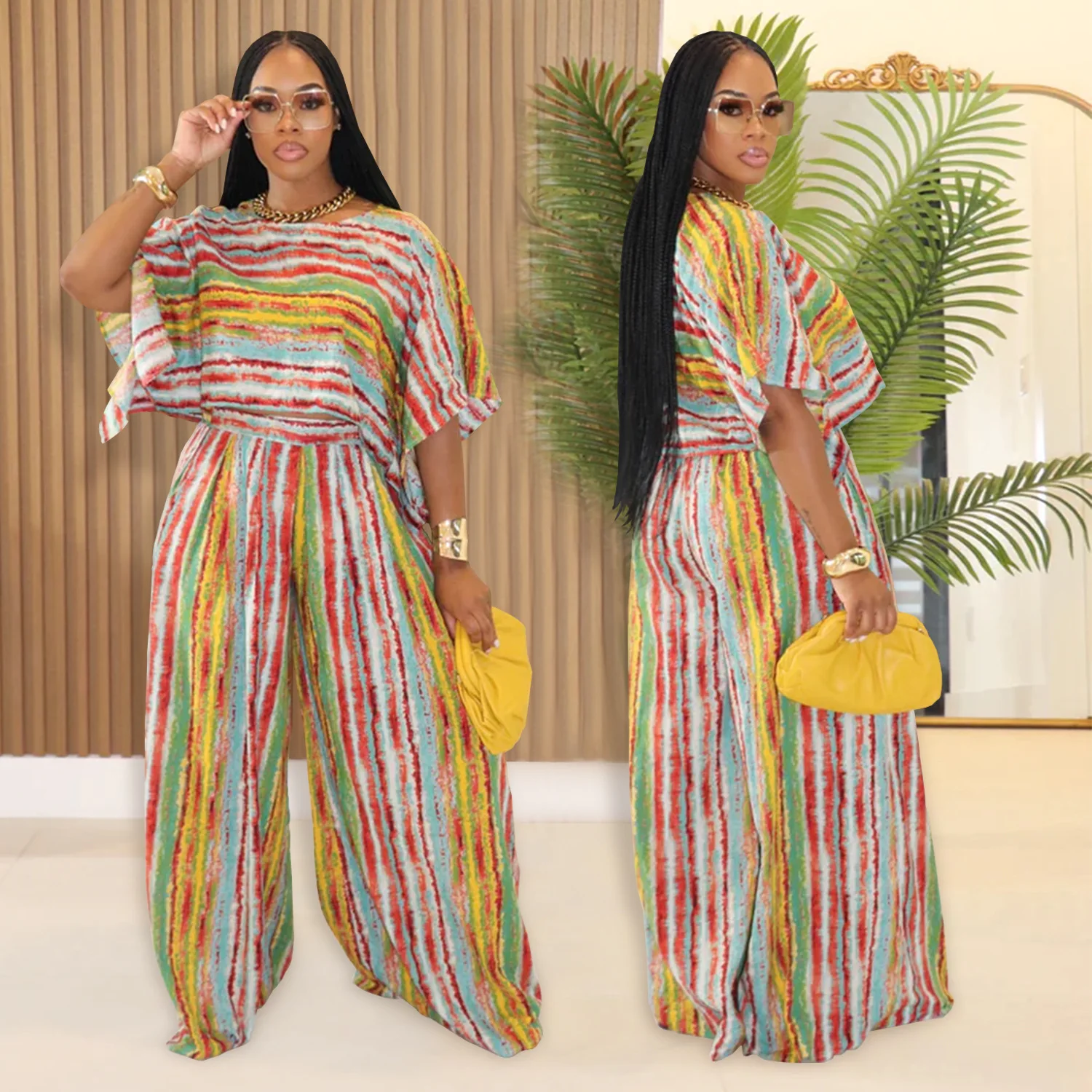 

Женский полосатый топ с короткими рукавами и круглым вырезом, модные повседневные брюки, комплект из двух предметов на лето 20л.