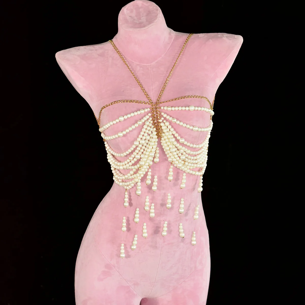 Fashion Wrinkle Texture Pearl Bra Chain Exquisite Dripping Tassel Beads Body Chain Dinner Party Underwear Accessories