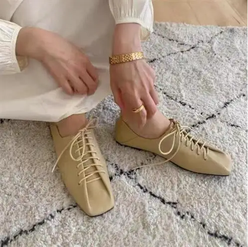 Apricot Beige Black Gray Solid Soft Leather Square Toe Pleated Lace Up Low Top Flats Women Comfortable Leisure Walking Shoes