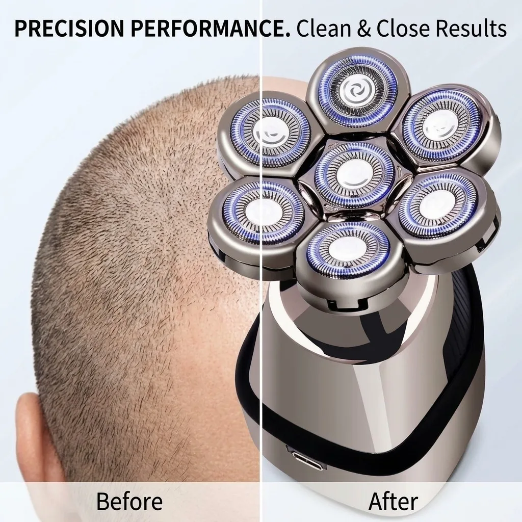 7 Floating Heads Electric Head Shaver for Bald Men, 6 in 1 Multifunctional Grooming Kit, IPX7 Full Body Washable Wet Dry Rotary Razor, USB Rechargeable Digital Display Beard Trimmer Nose Hair Clipper