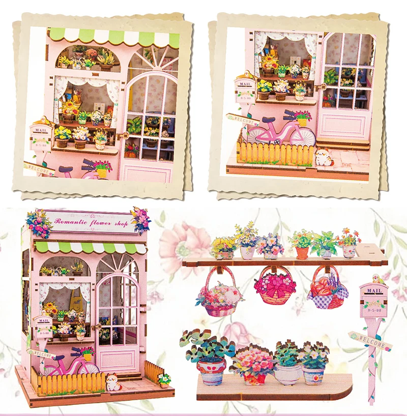DIY Miniatur-Modellbausatz aus Holz, romantische Blume, Casa, niedliches Zimmer, 3D-Puzzle, Puppenhäuser mit Möbeln für Freunde, Geburtstagsgeschenke