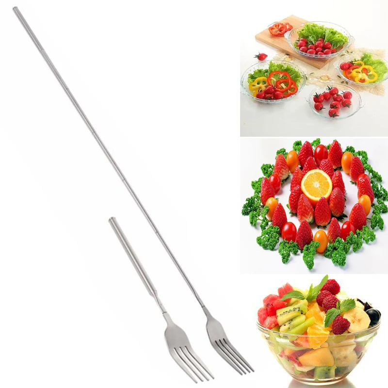 BBQ Telescopic Extendable Fork Dinner Fruit Dessert Long Handle Cutlery Forks Meat Fork Kitchen Accessories 64CM Extended Length